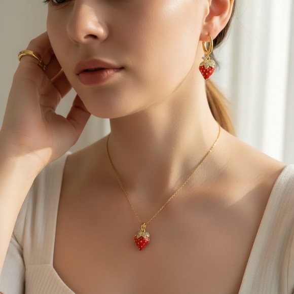 CZ Strawberry charm 18k gold plated necklace. New. - Picture 3 of 12